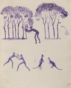 Kwatkwat people - (Aboriginal hiding in trees; fight; fighting kangaroos) Sketchbook mainly of activities of Aboriginals by Tommy McRae